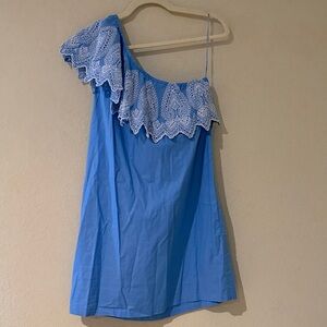 Mud Pie Blue Dress with White Lace One Shoulder